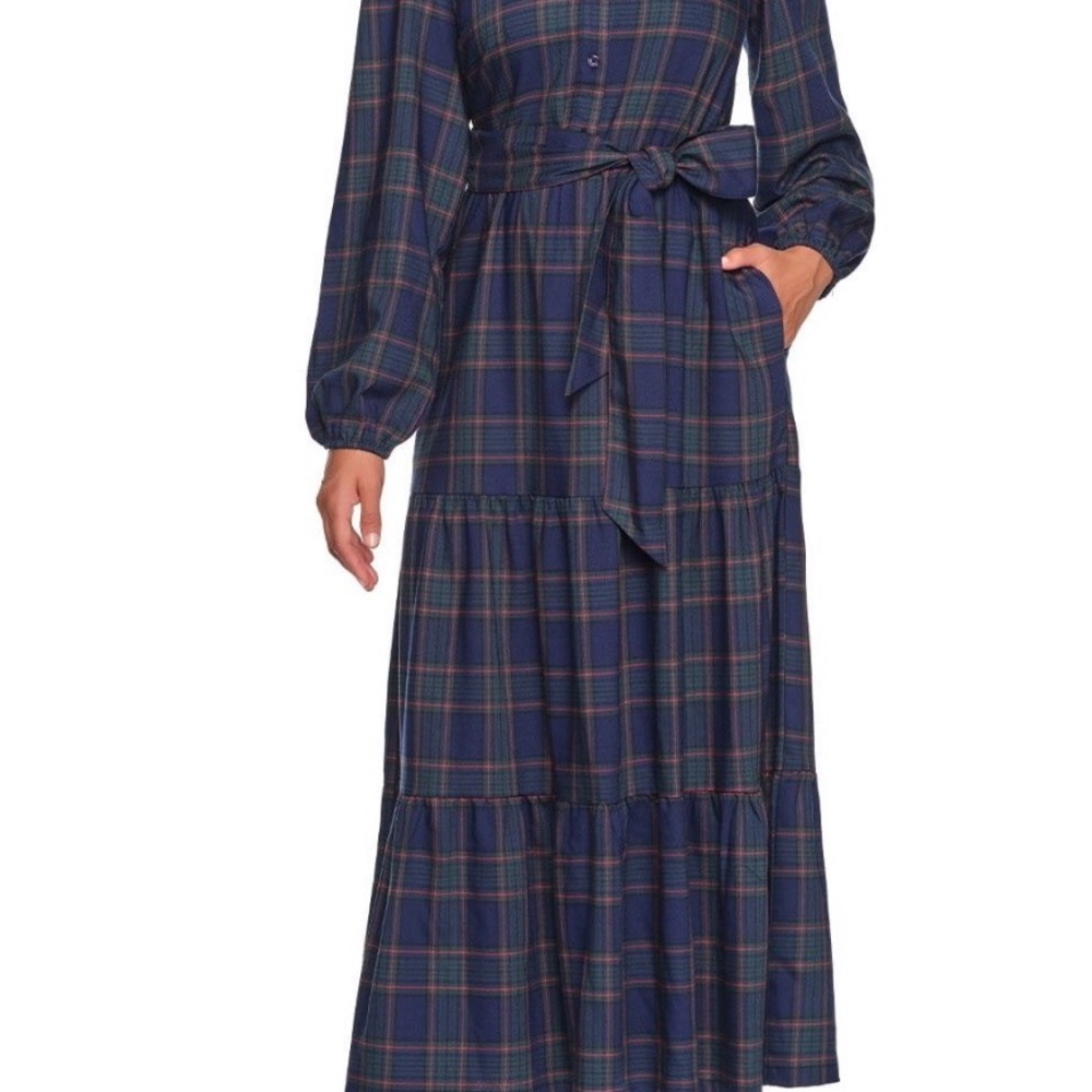Lands' End Blue Checkered Long Sleeve Dress